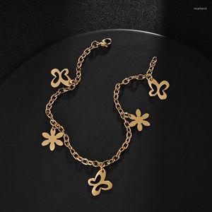 Fußkettchen 1 stücke Gold Edelstahl Fußkettchen Schmuck Mit Schmetterling Blume Charms Für Frauen Kette Knöchel Armband Fuß