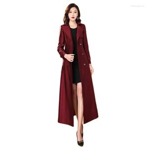 Casacos de Trench das Mulheres Temperamento Vinho Vermelho Windbreaker Primavera e Outono Mulheres Cultivam a Moralidade High-End Long Fashion Belt Knee Coat