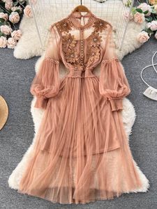 Casual Dresses Women Autumn Dress Heavy Industry Flower Mesh Standing Neck Lantern Sleeve High Waist Fairy Strap Two Piece Set D4088