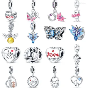 Loose Gemstones 925 Sterling Silver Pink Blue Butterfly Love Mom Pendant Heart Beads Fit Original Charms Bracelet DIY Making Jewelry