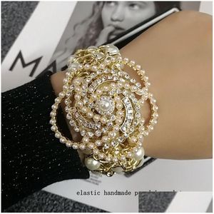 Charm Bracelets Luxury Handmade Elastic Pearl Crystal Camellia Flower Bangle Jewelry For Women 230301 Drop Delivery Dhf8D