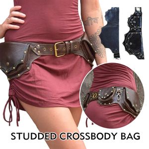 Bel Çantaları Ortaçağ Steampunk PU Deri Yardımcı Kemer Kadınlar Fanny Pack Perçenli Çift Çanta Cep Açık Hava Spor Koruması 230906