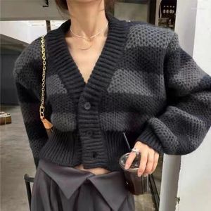Damen Strick Deeptown Y2k Vintage Gestreifter Pullover Frauen Koreanische Mode Streetwear Gestrickte Knopf Strickjacke Grunge Harajuku Ästhetik