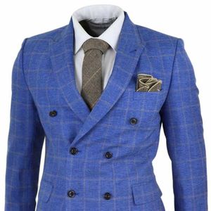 Men Suits and Blazers 2021 Blue Mens Check Three Piece Double Breasted Suit Gatsby Mafia Peaky Blinders Vintage 1920s Costume Homm237f