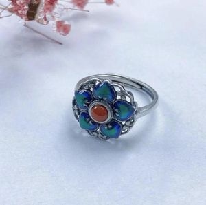 Кольца кластера XiYuan серебряного цвета в стиле ретро в этническом стиле, винтажная атмосфера, модное открытое кольцо синего лотоса и темперамент