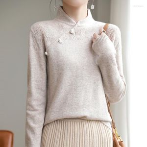 Kadın Sweaters Çin tarzı tasarım qipao ayakta boyun tabak tokası alt süveter çok yönlü yüksek uçlu çukur örgü üstü