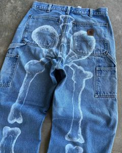Jeans masculinos gótico punk osso padrão design impresso jeans para homens y2k hip hop streetwear casual perna larga jeans retos para homens outono 230907