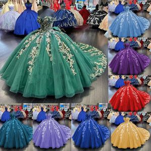 Dunkelgrüne Quinceanera-Kleider mit 3D-Blumenapplikationen aus schulterfreiem Tüll mit Perlen und Ballkleid zum süßen 15./16. Geburtstag nach Maß 328 328