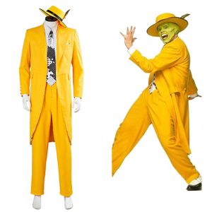 Fatos masculinos A máscara Jim Carrey Cosplay Traje Uniforme Outfit Halloween Carnaval Amarelo Terno 230906