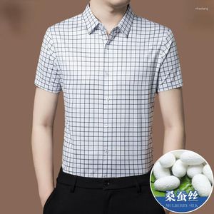 Camicie casual da uomo Camicia da uomo in seta di gelso di fascia alta a maniche corte Camicia scozzese da lavoro estiva sottile Camisa Masculina