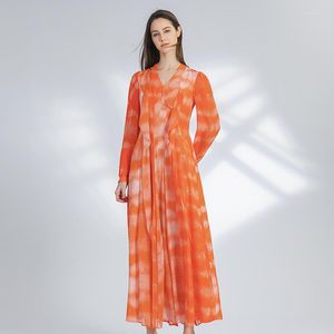 Abiti casual Boho Abito in seta stampata di alta qualità Elegante lanterna manica lunga Maxi per donna Linea A AY139