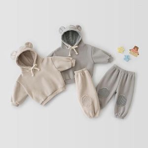 Set di abbigliamento Coreano carino vestiti per neonati tinta unita felpa con cappuccio a maniche lunghe pantaloni bambini 2 pezzi casual vestito caldo neonata ragazza autunno