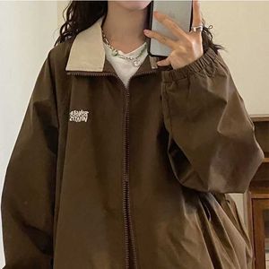 Deeptown Harajuku Vintage Braune Cargo Bomber Jacken Frauen Y2k Streetwear 90er Jahre Patchwork Baseball Jacke Koreanische Übergroßen Zip Mantel