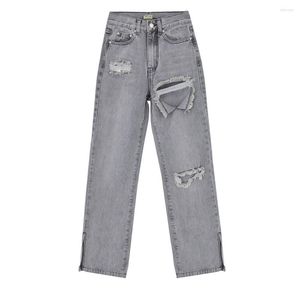 Jeans da donna grigio strappato a vita alta per le donne pantaloni larghi Harem oversize pantaloni larghi in denim a gamba dritta streetwear