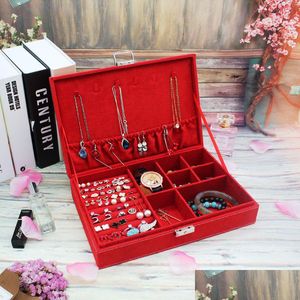 Förvaringslådor BINS NYA Fashion Style Lädersmycken Box Woode For Girls Necklace Rings etc Makeup Organizer Boite 2150 V2 Drop Delive DHE3Q