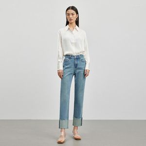 Jeans da donna Denim di alta qualità Primavera 2023 Pantaloni a gamba dritta casual larghi alla moda con design con risvolto micro elastico