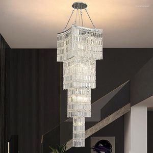 Lâmpadas pendentes grandes lustres de cristal luxuosos longo espiral escada lustre luzes luminária led moderno droplight europeu pendurado