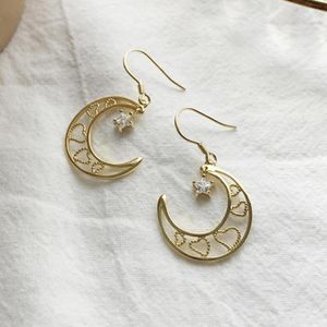 Dangle Brincos S925 Oco Amor Coração Strass Estrela Ouro Pingente Lua Crescente Pentáculo Charme Boho Jóias