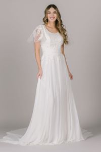 2023 nuovi abiti da sposa modesti in chiffon di pizzo Boho con maniche svolazzanti abiti da sposa a-line della Boemia abito da sposa LDS su misura