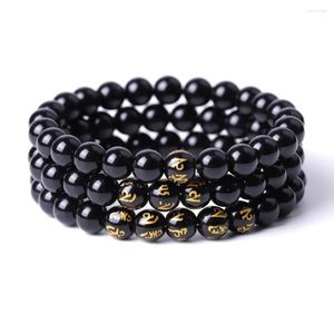 Strand 8mm contas pretas brilhantes selo de ouro palavras de buda pulseira masculina mulheres om mani padme hum pulseira jóias corda de mão