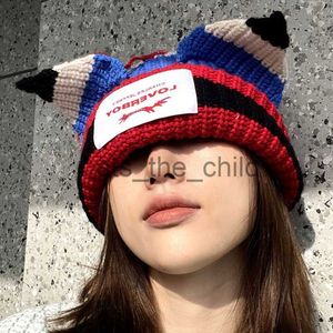 Beanie/Skull Caps Loverboy Cat Ear Sticked Hat Autumn and Winter Double-Layer Warm Hip Hop Cute Fashion Patch Hooded Cap Nisch Personlighet Coldhat X0907