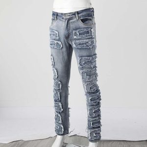 Mäns jeans stretch rippade denim byxor för man trend smala rakt små ben manliga sportkläder high street vintage byxor med fickor