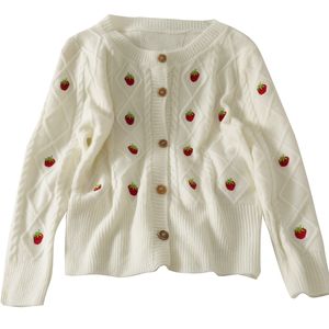 Womens Knits Tees Autumn sweet style strawberry embroidery singlebreasted loose longsleeved knitted cardigan sweater women 230906