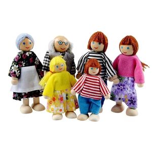 Dolls 6pcs małe drewniane zabawki Zestaw Happy Dollhouse Family Figures Doll Toy Kids Dzieci bawiące się prezentem Udawanie 230907