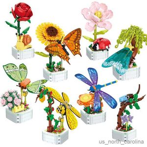 Blocks Potted Plant Butterfly Sunflower Rose Building Blocks Set Cute Education Toys for Girls Children R230907