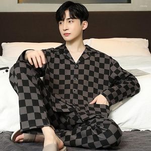 Men's Sleepwear Double-length Cardigan Small Lapel Knitted Cotton Pajama Suit Spring Youth Plaid Casual Simple Two-piece Home Wear