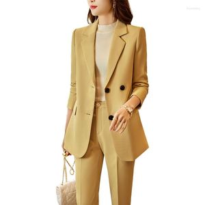 Calças femininas de duas peças de alta qualidade moda blazer mulheres pant ternos senhoras trabalho de negócios jaqueta amarela estilo uniforme de escritório