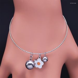 Bangle Trendy Sweeet Flower Bead Charm rostfritt stål Armband för kvinnor/tjejarmband julklappar smycken tillbehör