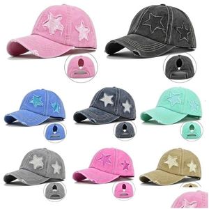 Ball Caps Damskie Bawełniane bawełniane czapkę baseballową Glitter Star Haft Vintage Det Belmsy High Bun Ponytail Hole Trucker Hat 230410 DHUS DHU4L