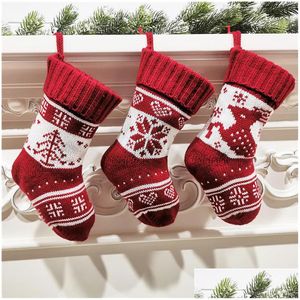 Christmas Decorations Knitting Stockings 9 Inch Yarn Ornaments Gift Bag Red Merry Happy New Year Candy Socks Eec2919 Drop Delivery Hom Dhzu4