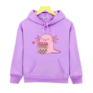 Pulôver Chubby Axolotl Gosta de Bubble Tea Hoodie Kawaii Gráfico Moletom Crianças Roupas Meninas Y2K Sudaderas Meninos Hoodies Unissex Pulôver 230907