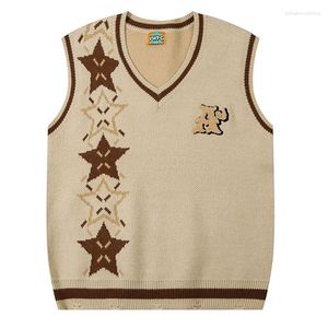 Men's Vests Star Jacquard Sleeveless Vest Mens High Street Contrast V-neck Casual Loose Autumn Retro Couple Knitted Sweater Men Pull Homme