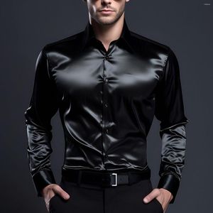 Men's Casual Shirts Satin Silk Slim For Mens Fashion Solid Color Lapel Business Tops Print Camisa Social Dress Shirt