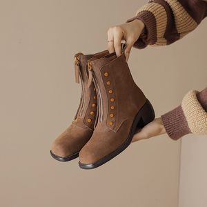 Boots Autumn Winter Women Ankle Boots Natural Leather 2225cm Cow Suedepigskin Modern Retro Front Zip Short 230907