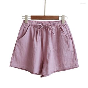 Kvinnors shorts flickas sommar casual kvinnor elastisk bomullslinne hög midja andas in fast färg breda ben korta byxor fritid botten