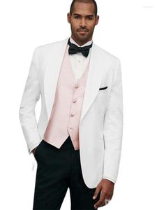 Erkekler 2023 Moda Beyaz Erkekler Pembe Yelekli Yakışıklı Düğün Smokin Blazer Pantolon 3 PCS (Ceket Siyah Pantolon Kravat)