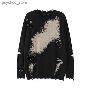 Damenpullover Puloru Punk Dark Black Holes Ripped Tie-Dyed Pullover Damen Langarm O Neck Loose Pullover Tops Streetwear Pin Decor Jumper Q230907