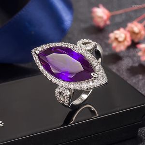 クラスターリングHoyon Luxury S925 Silver Horse Eye Amethyst Women's Ring 5紫色のダイヤモンドジルコン婚約ウェディングパーティージュエリーギフトボックス