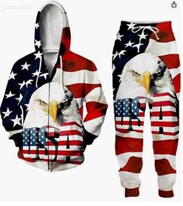 Herren-Kapuzen-Reißverschluss-Set, 3D-gedruckter amerikanischer Flaggen-Adler-Hoodie-Pullover, groß, für Herren, D060