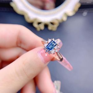Anéis de cluster Natural London Blue Topázio Anel 925 Prata Certificado Quadrado 4x6mm Gemstone Pretty Girl Gift