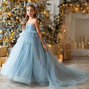 Girl Dresses Flower Light Blue Tulle Tiered With Tailing Sleeveless For Wedding Birthday Banquet First Communion Gowns