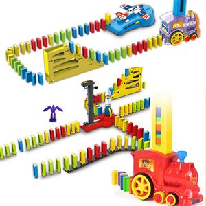 Blocchi Domino motorizzato 60 pezzi Kit vagone ferroviario Set Up 120 pezzi Aereo Razzo Domino colorato in plastica Giocattoli in mattoni Regalo per bambini 230907