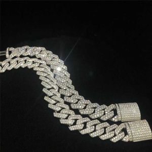 14mm moissanit bileklik 925 STERLING Gümüş Bilezik Altın Iced Link Moissanite Küba Sırası İki Out Bilezik Küba Kaplama Elmas Ddnlt