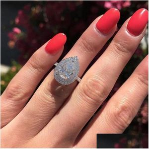 Anéis de casamento Tamanho 6-10 Impressionante Jóias de Luxo 925 Stearling Sier Gota Água Branco Topázio Cz Diamante Gemstones Festa Mulheres Casamento Bri Dhyvm