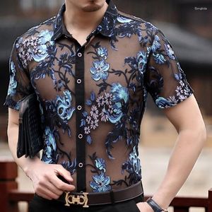 Men's Casual Shirts Embroidery Men Transparent Shirt 2023 Sexy Lace For Male See Through Mesh Club Party Prom Chemise Homme 3xl