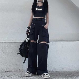 Deeptown gótico techwear emo preto calças de carga feminina punk oversize oco para fora calças largas perna bolso para feminino goth hip hop